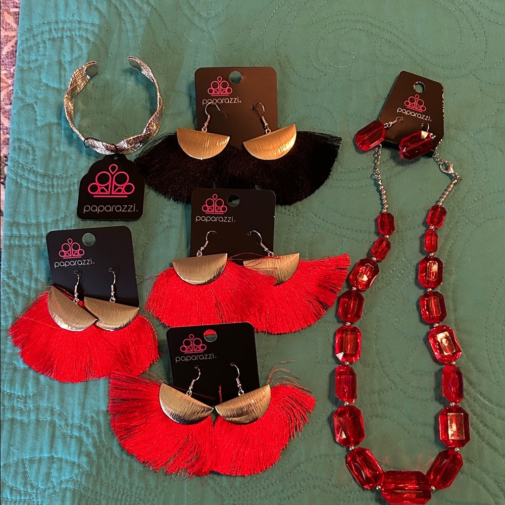 paparazzi Red and Black Fringe Fan Earrings with Red Beaded Necklace